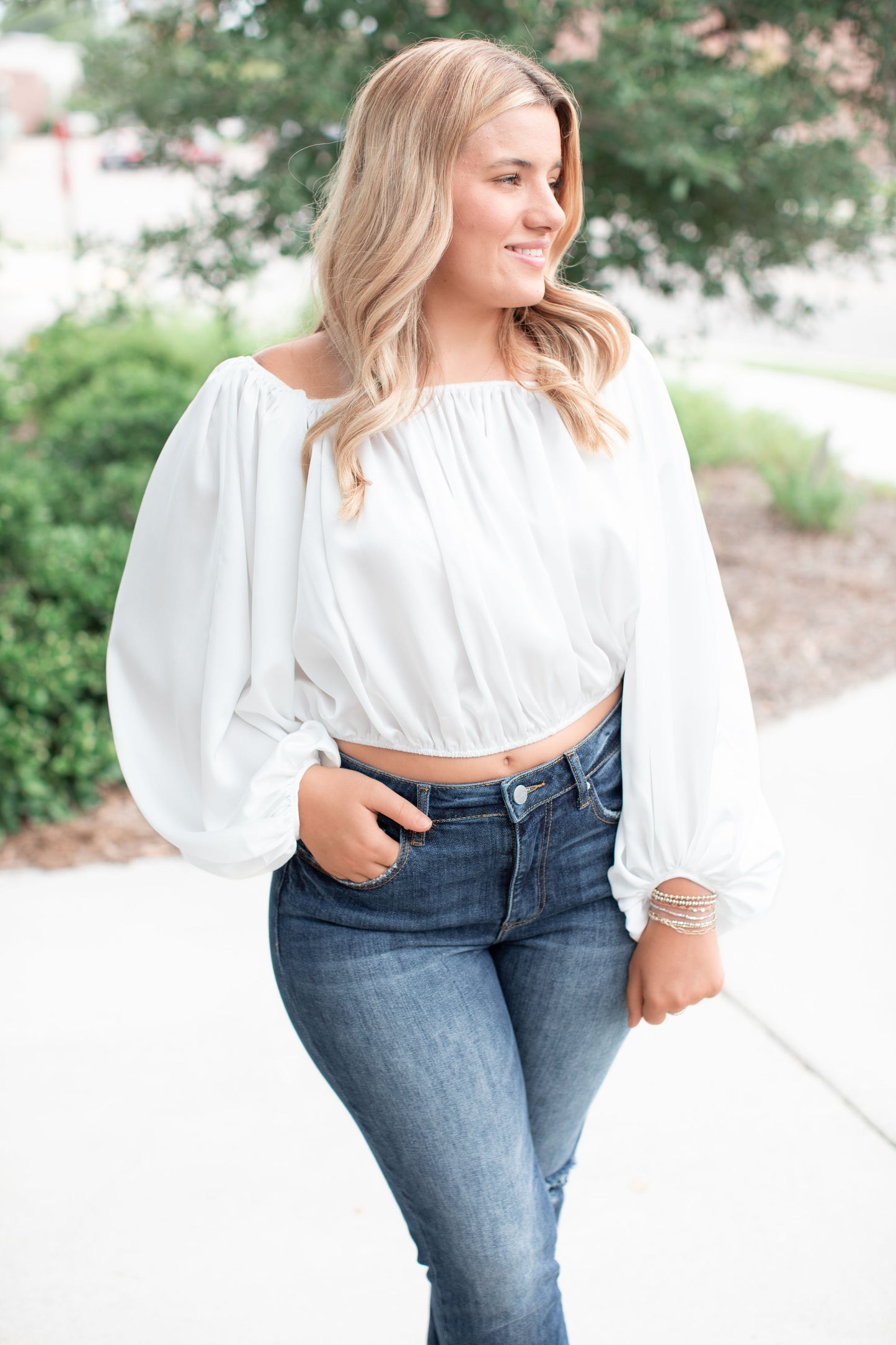 Off Shoulder Satin Balloon Sleeve Top-Off White