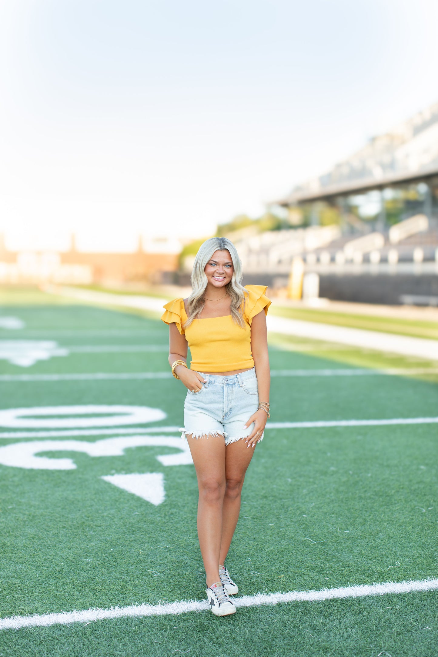 Ruffled Tiered Cap Sleeve Sweater-Gold