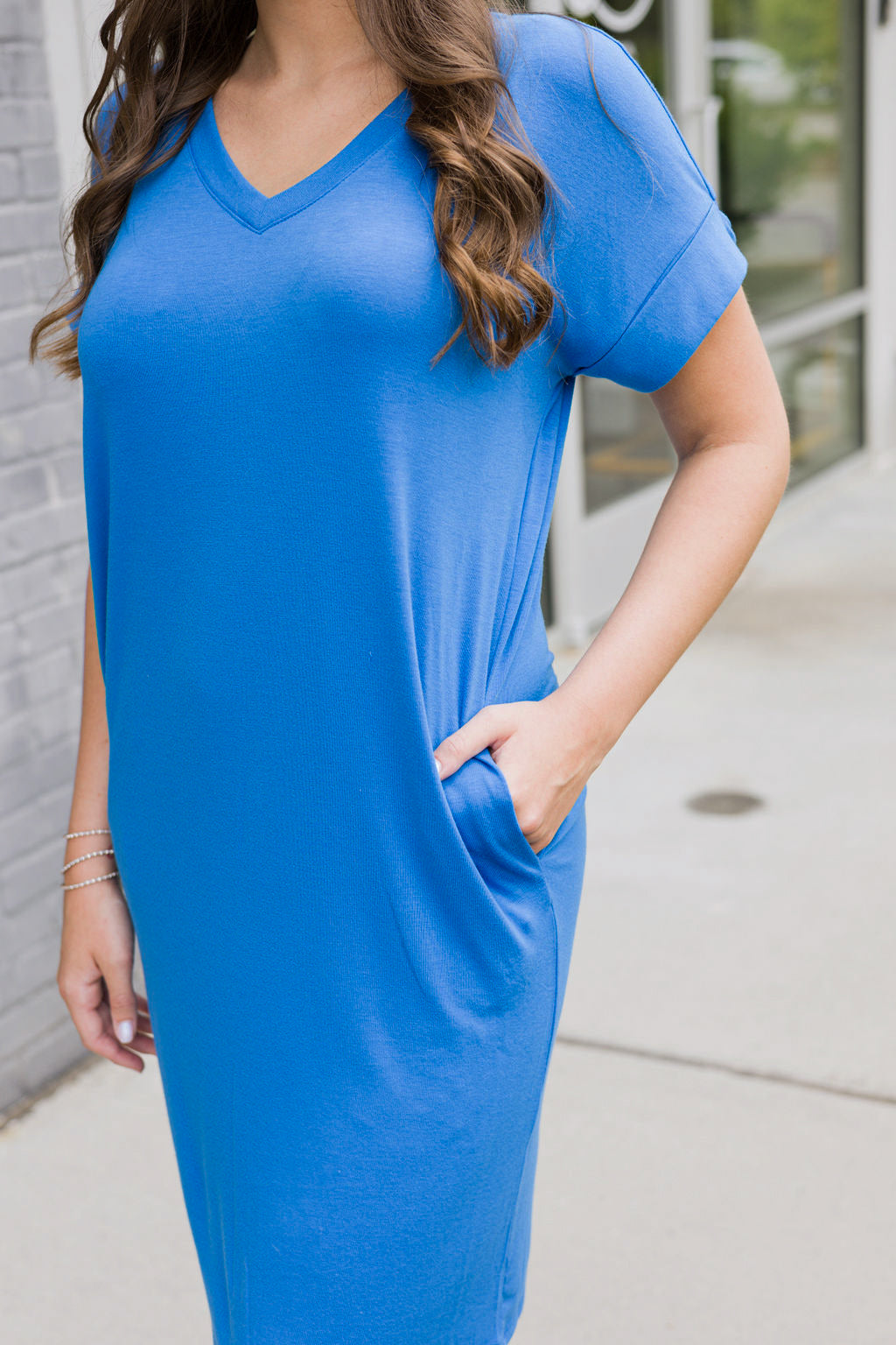 Ocean Blue Rolled Short Sleeve V Neck Dress