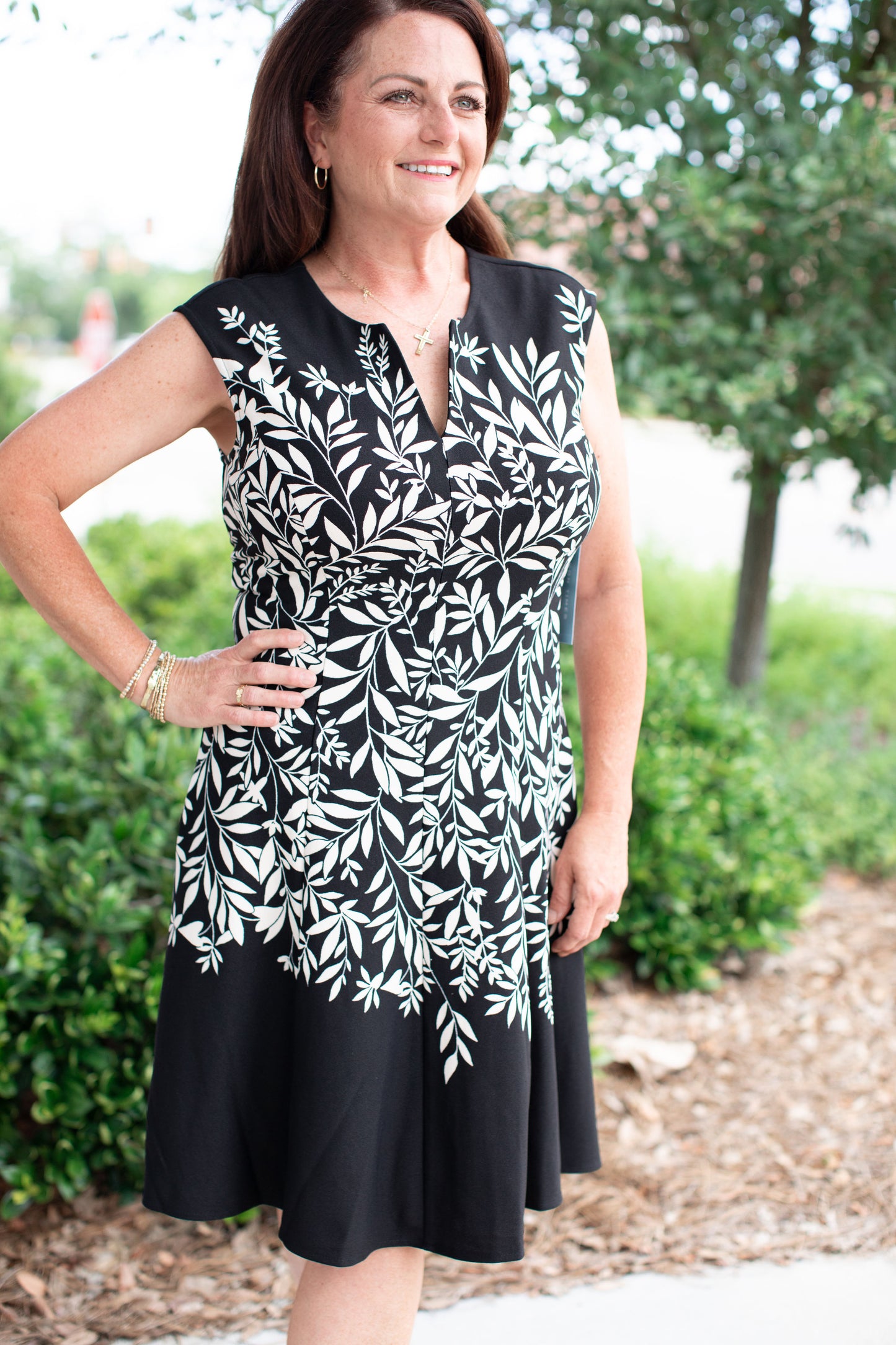 Black/Cream Split Neck Fit and Flare Dress