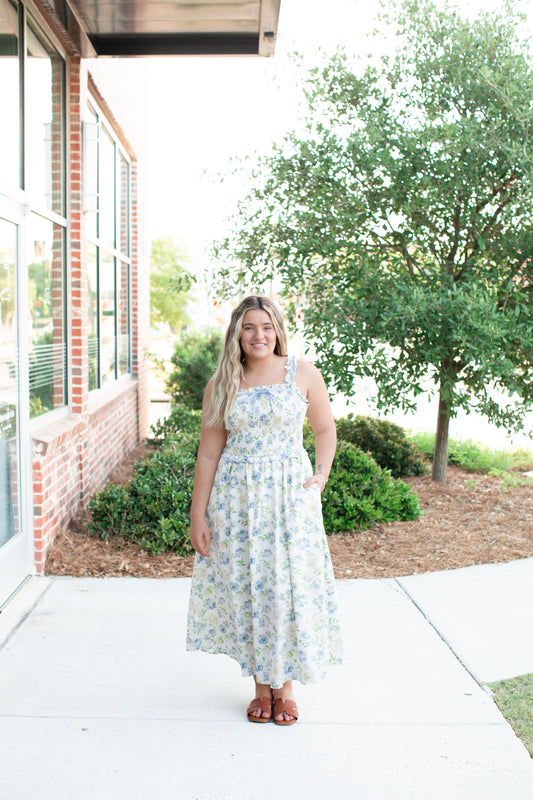 Lovely Floral Smocked Midi Dress With Bow