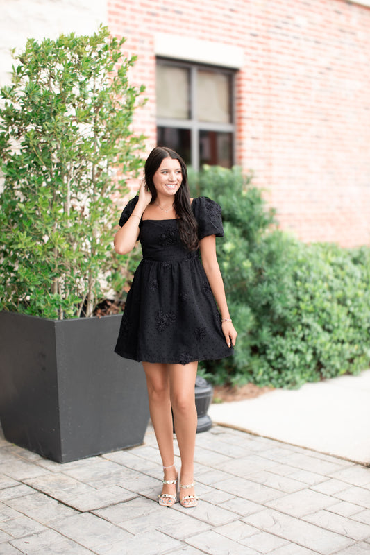 Black Embroidered Floral Puff Sleeve Mini Dress