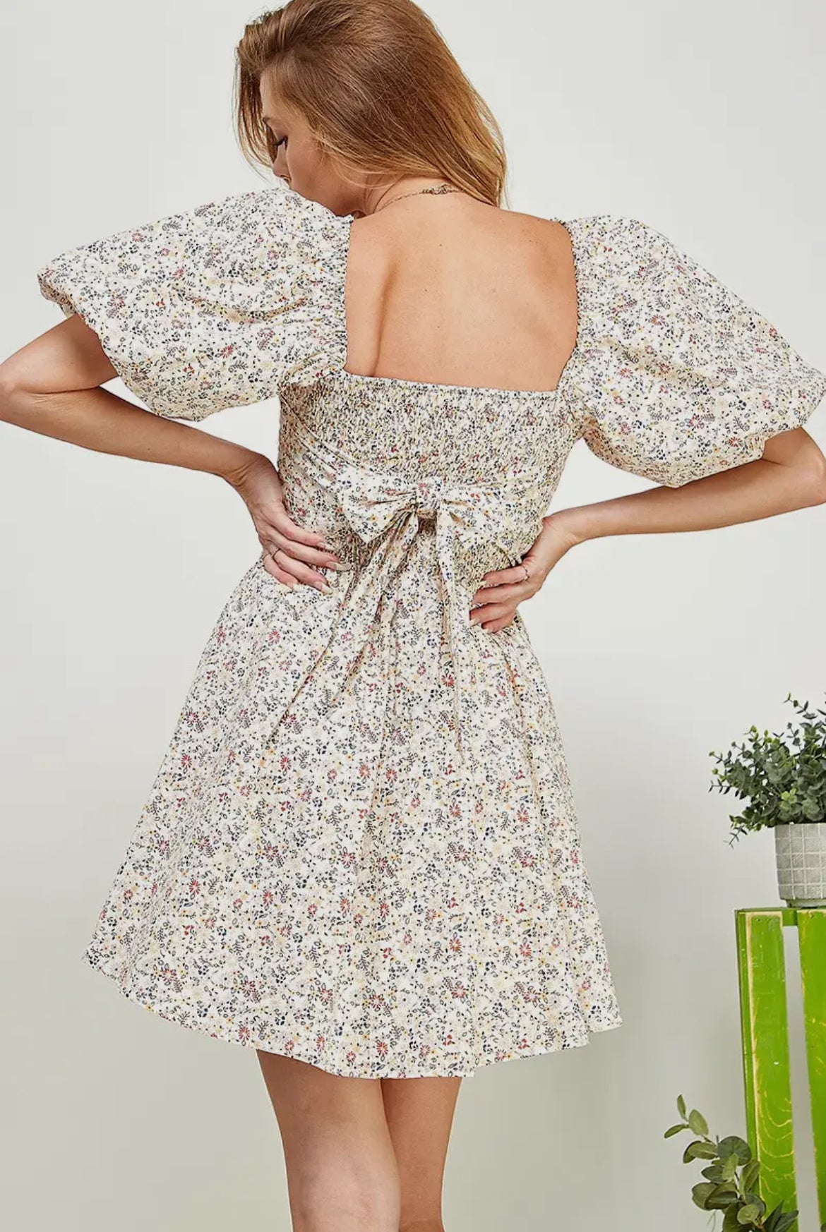 Floral Print Smocked Tie Back Puff Sleeve Dress