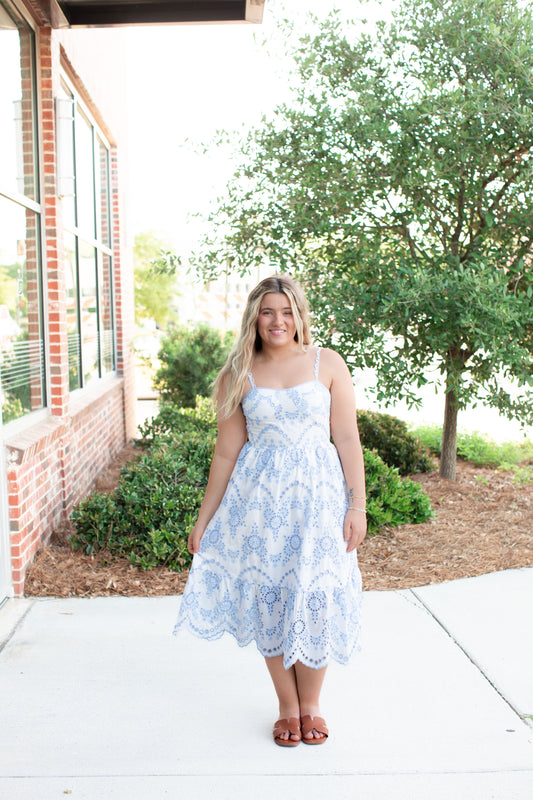 Light Blue Midi Dress With Eyelet Detail