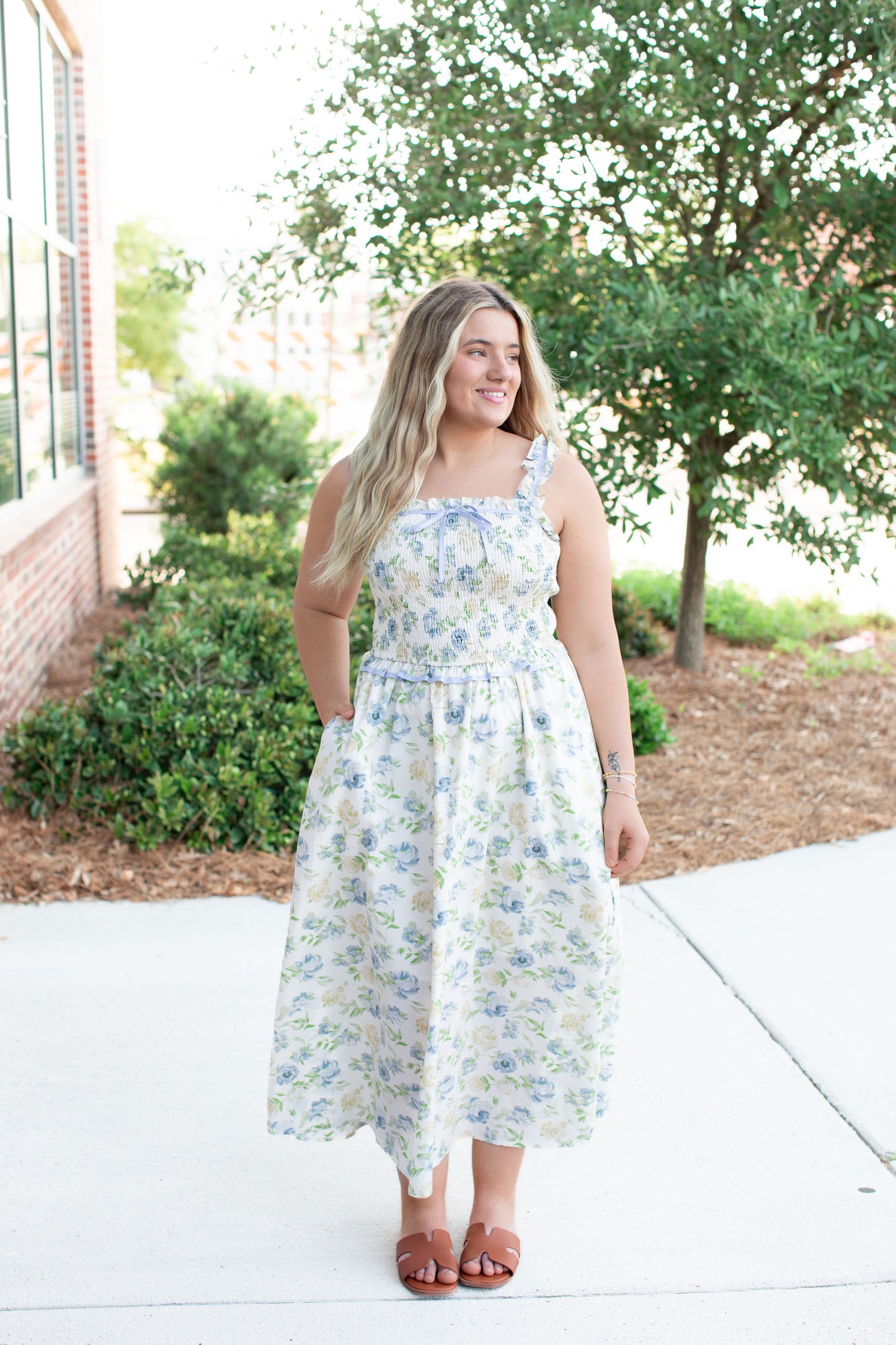 Lovely Floral Smocked Midi Dress With Bow