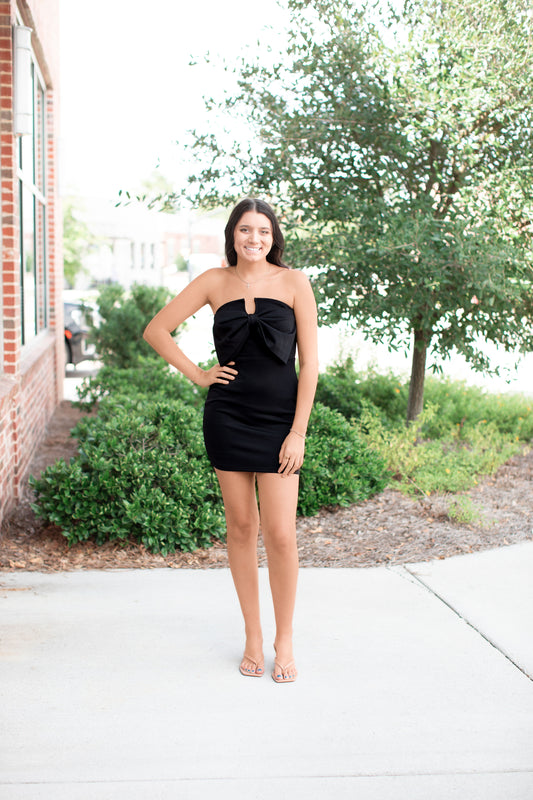 Black Strapless Bodycon Dress with Bow