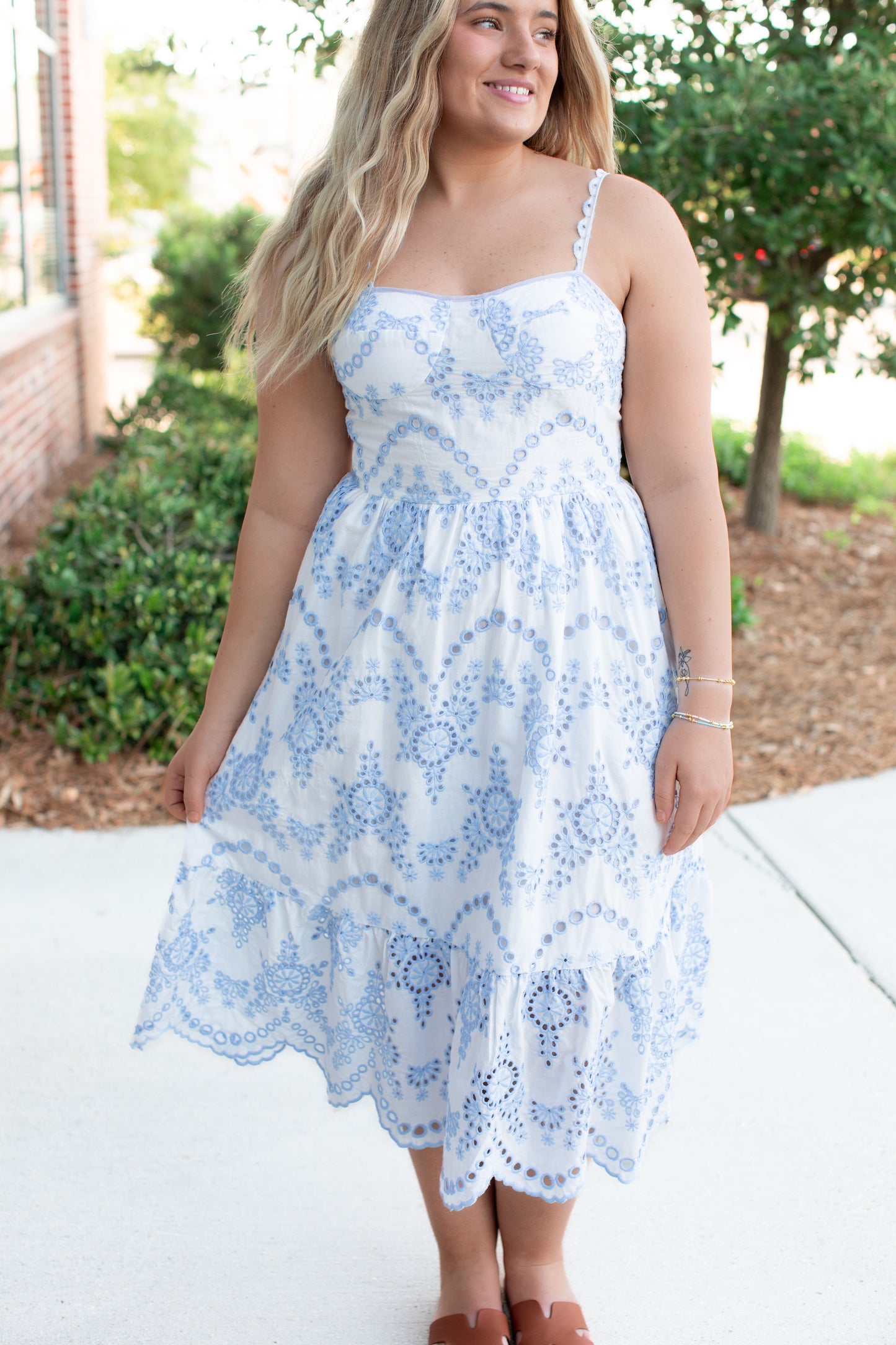 Light Blue Midi Dress With Eyelet Detail