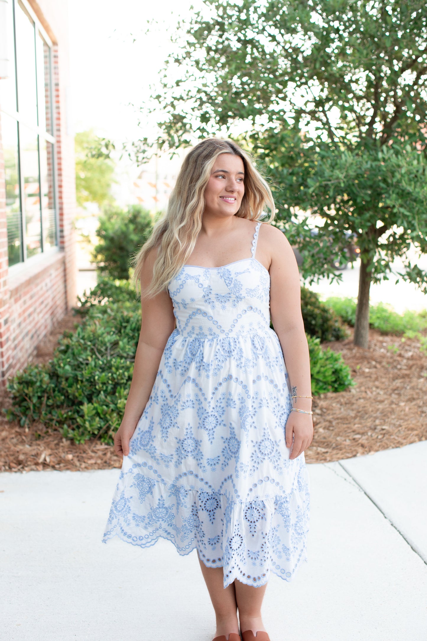 Light Blue Midi Dress With Eyelet Detail