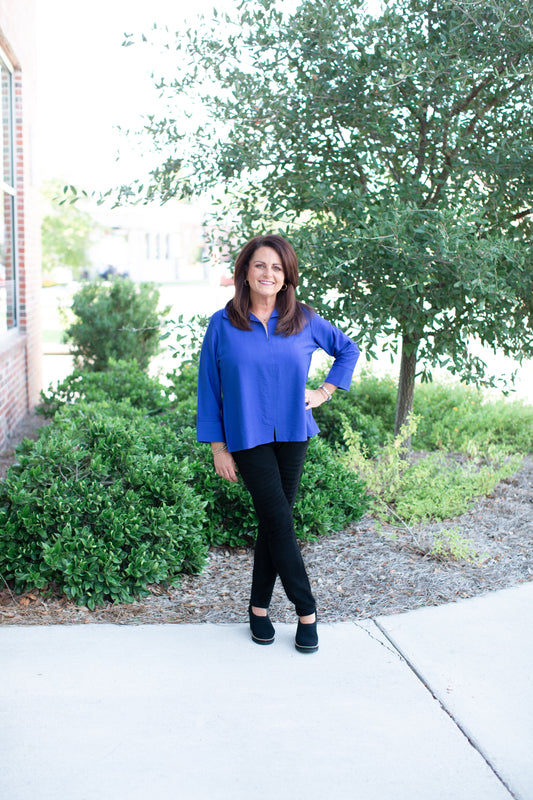 Pullover V-Neck Top-Royal Blue