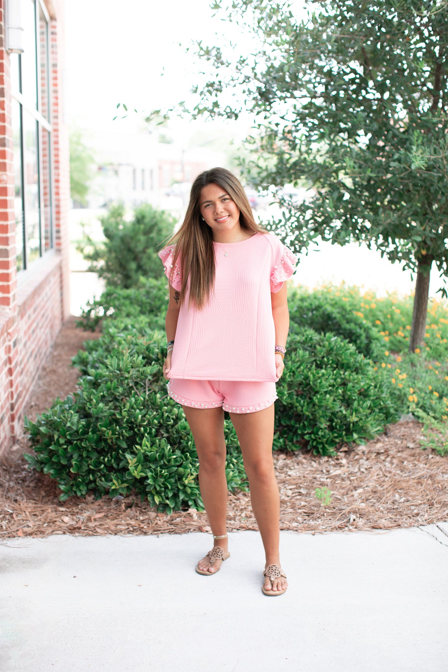 Pink Knit Pearls Top And Shorts Set