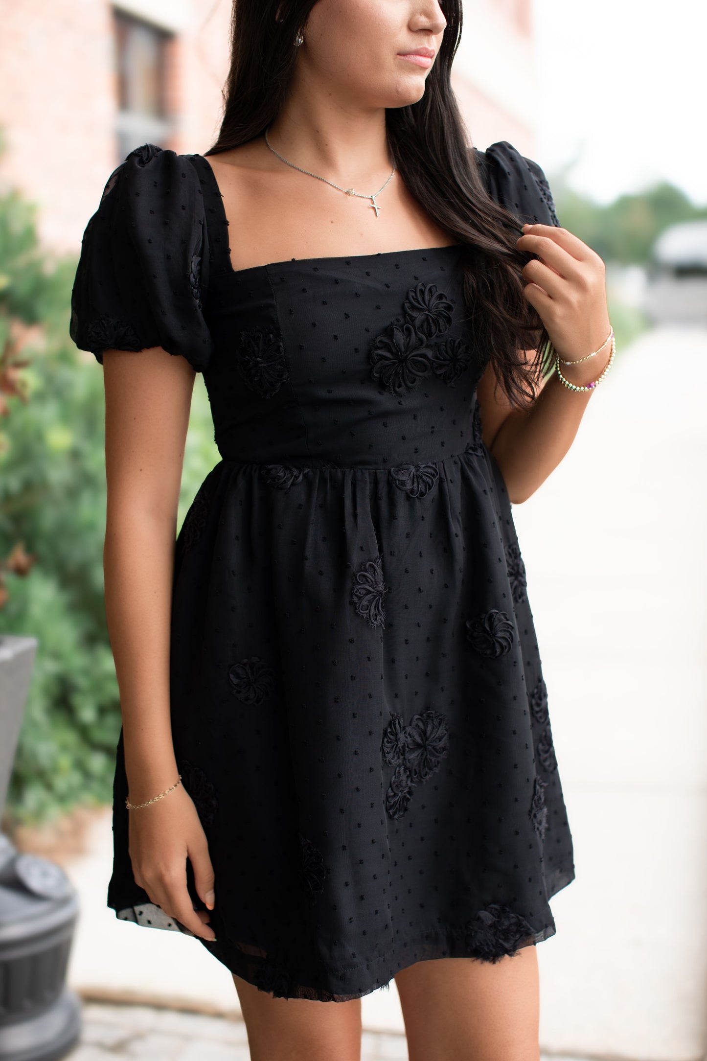 Black Embroidered Floral Puff Sleeve Mini Dress