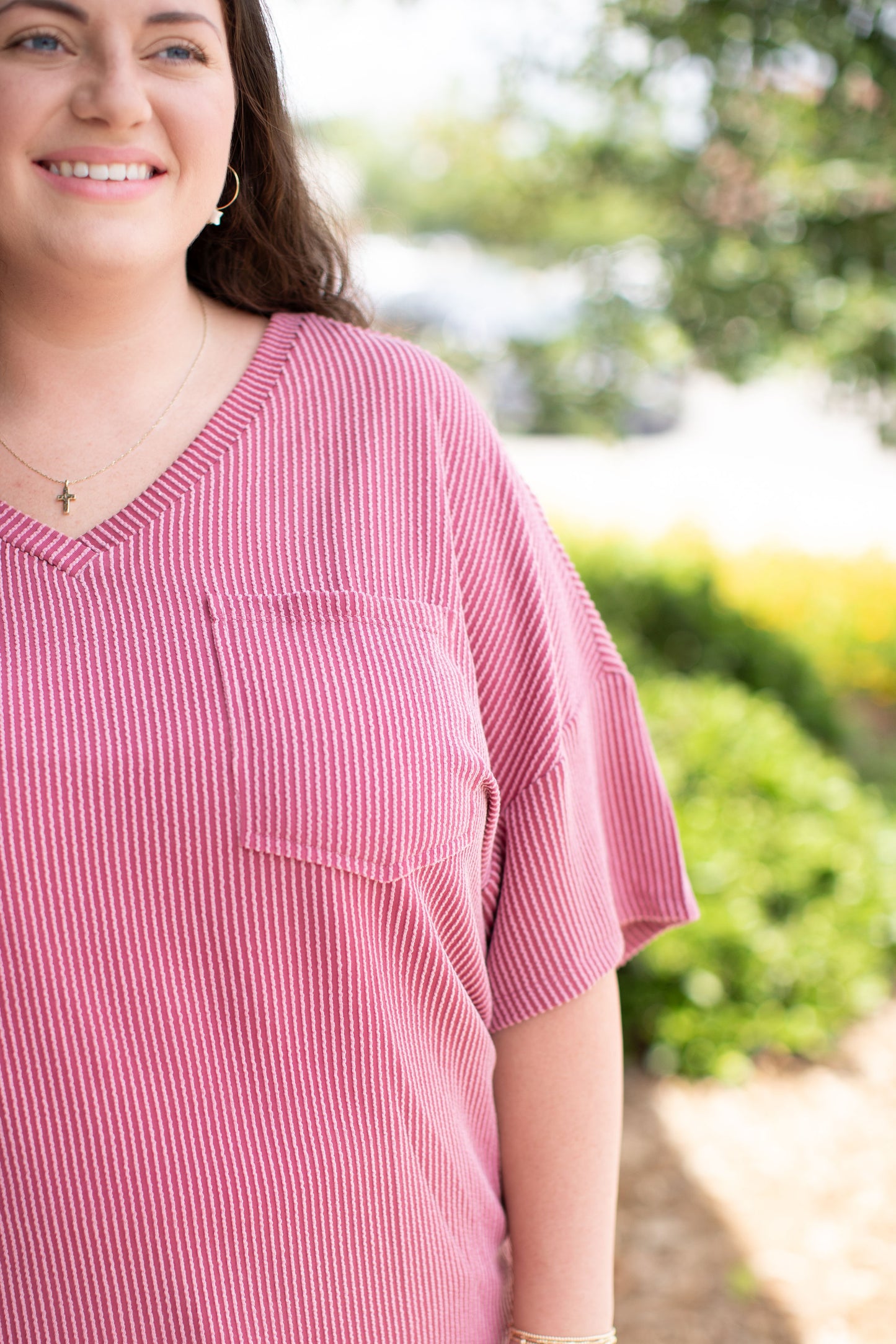 Rose Pink Textured V-Neck Top