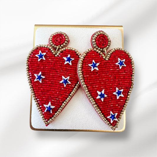 Red White and Blue Beaded Heart Earrings