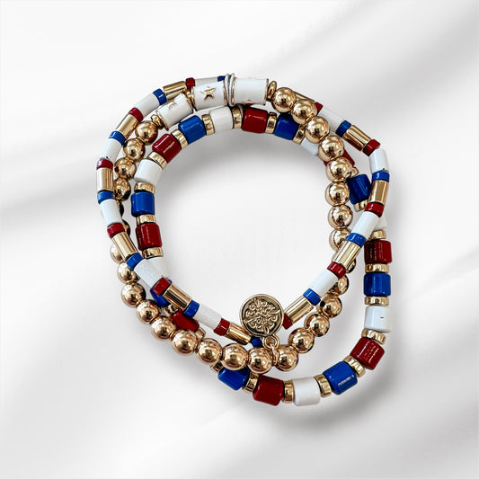 Red White and Blue Gold Beaded White Star Bracelet