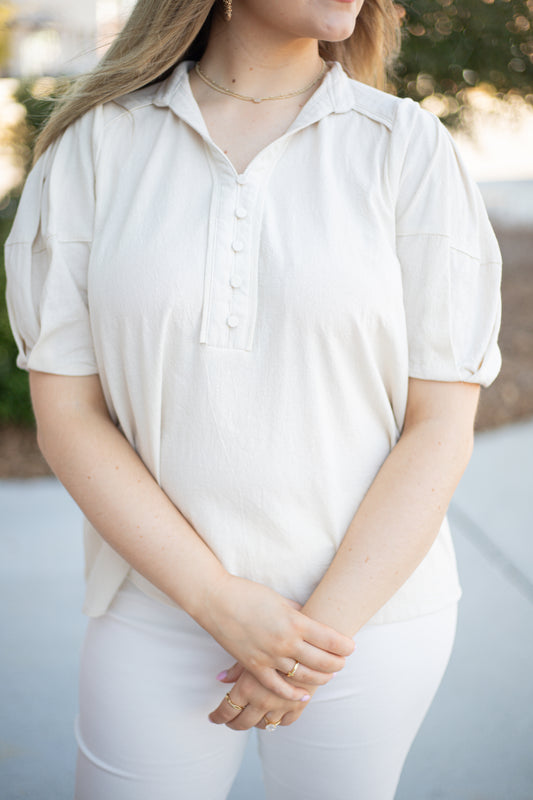 Cream Button Down Balloon Sleeve Top