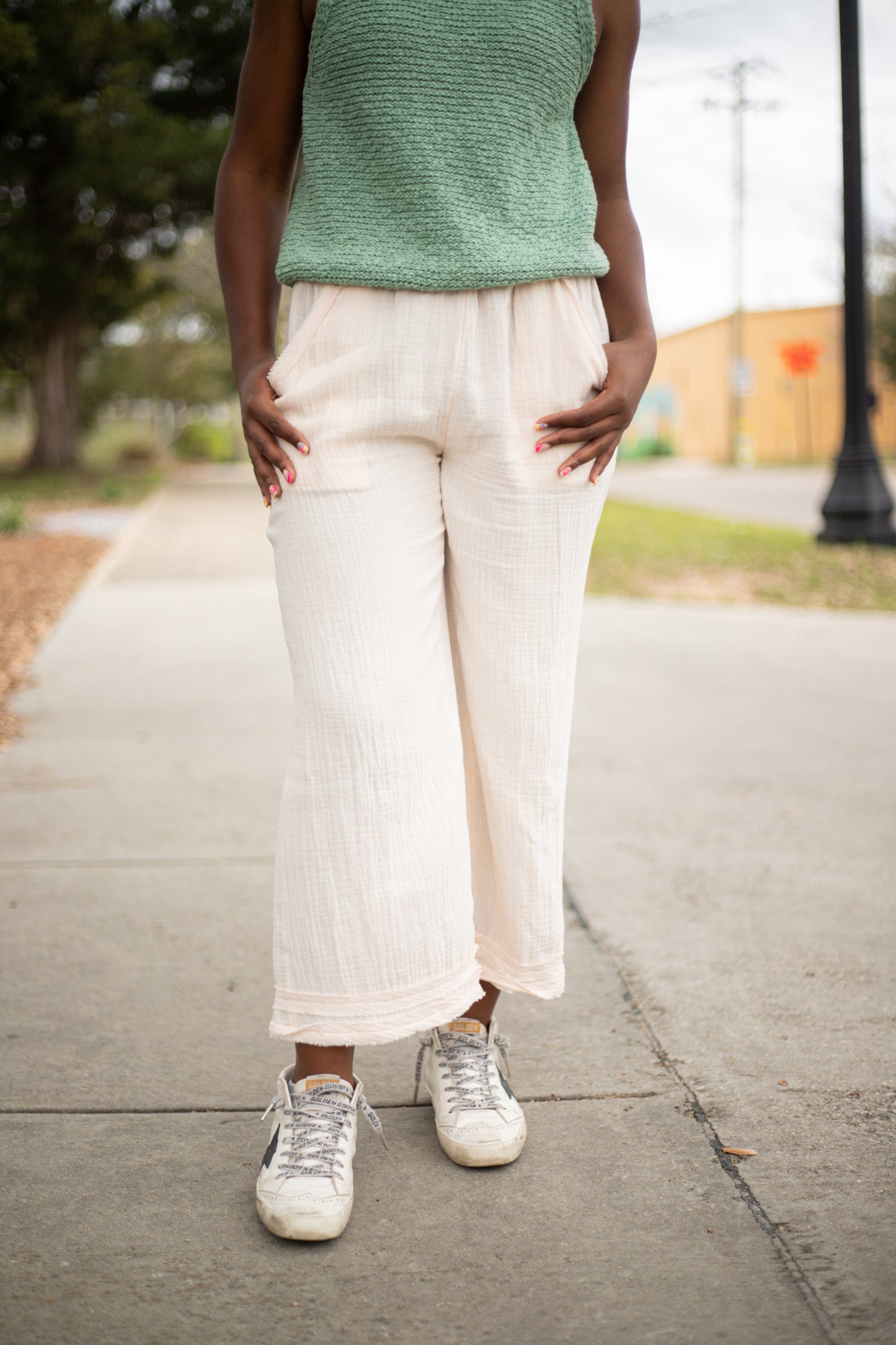 Cream Wide Leg Ankle Pants