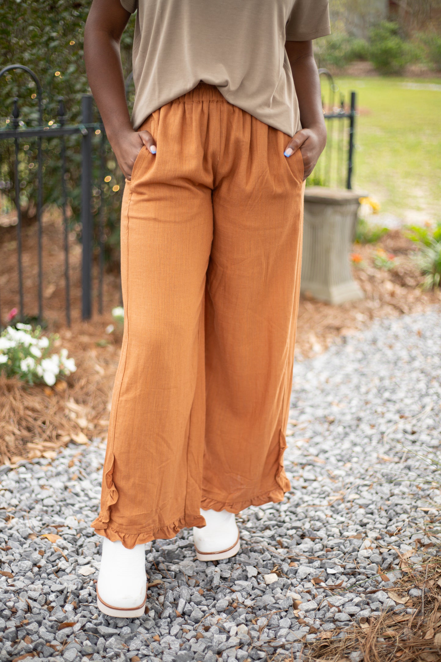 Camel Linen Ruffle Hem Pants