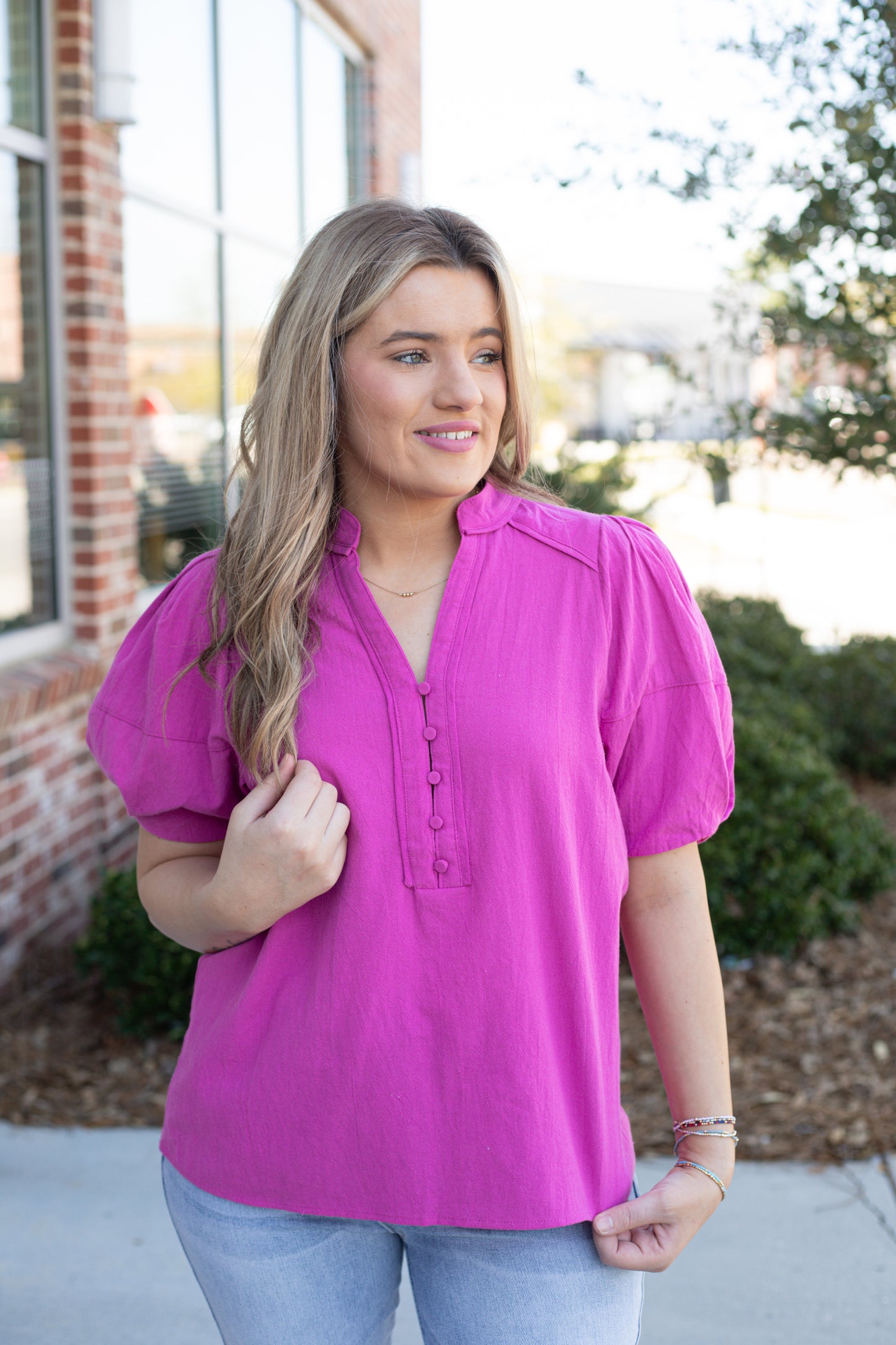 Button Down Balloon Sleeve Top