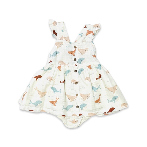 Whales Ruffle + Button Baby Dress